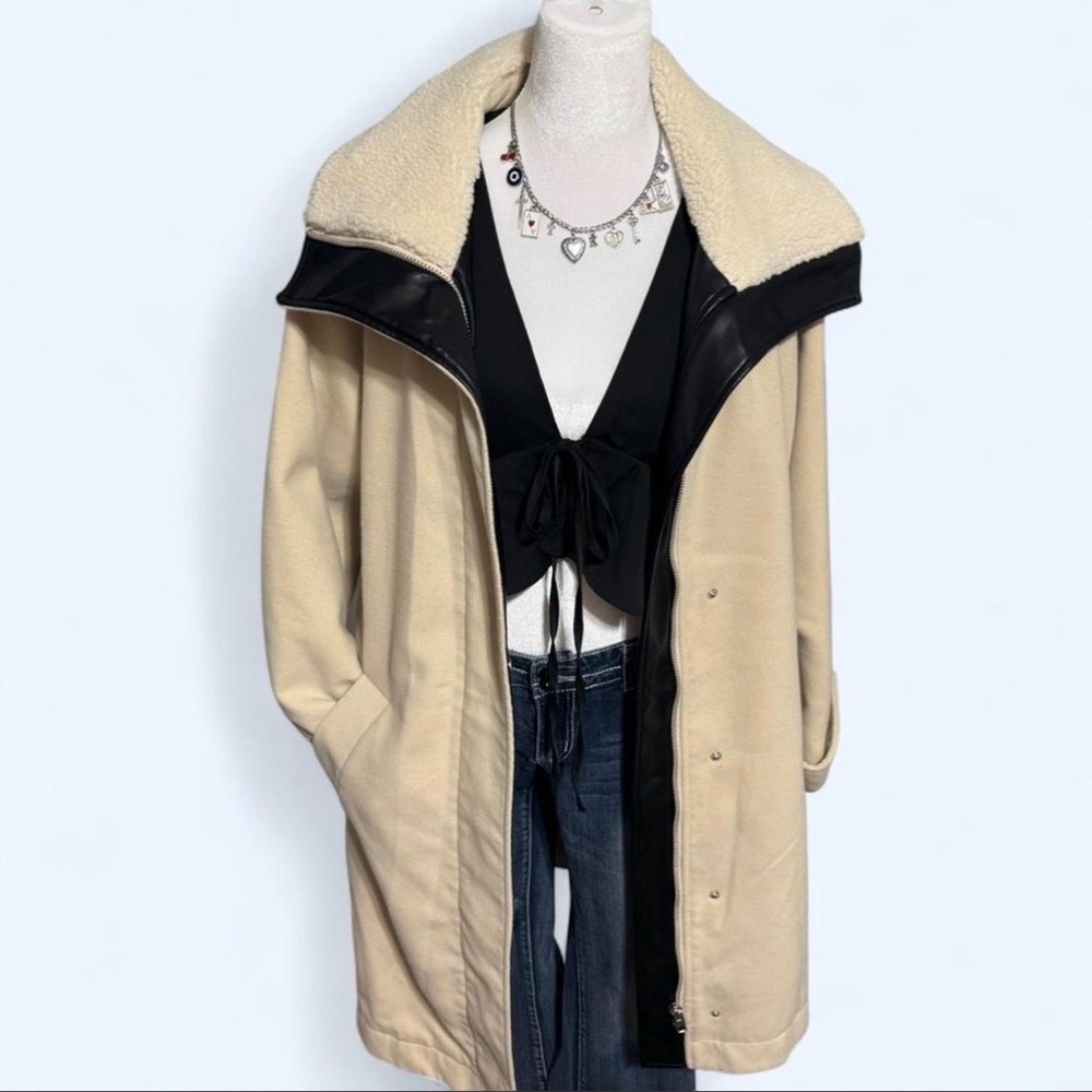 ASOS Oversized Winter Coat with Faux Leather Accents & Sherpa Collar